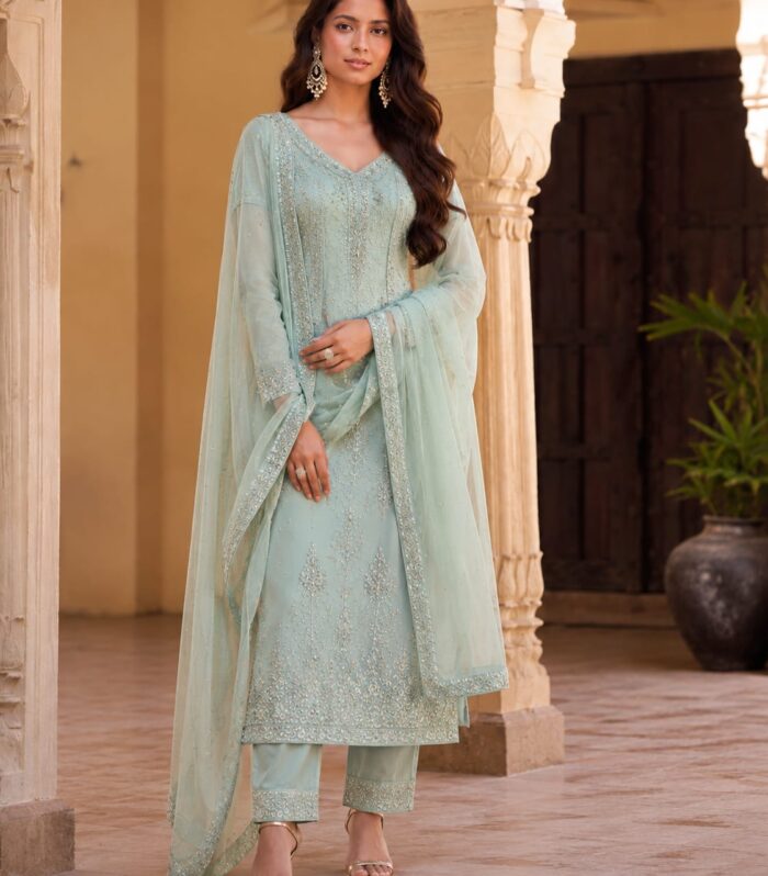 greenish Skyblue  Handworked Kurta Set